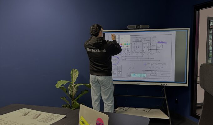 Office worker using SMART whiteboard in private coworking space in dortmund