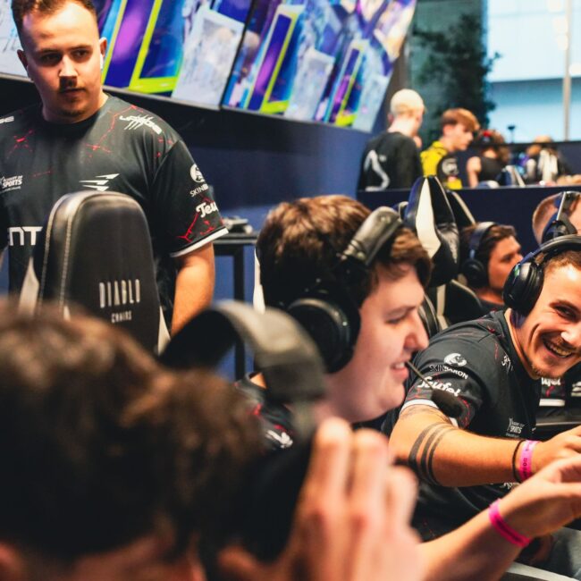 Pro players fist bumping at Esports event in BaseStack, esports gaming venue in central dortmund