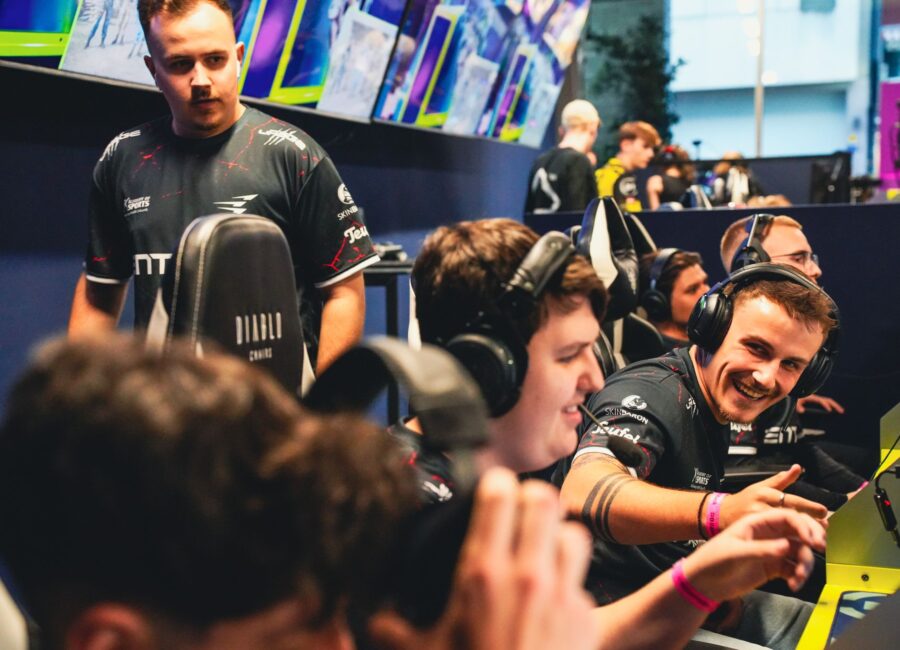 Pro players fist bumping at Esports event in BaseStack, esports gaming venue in central dortmund