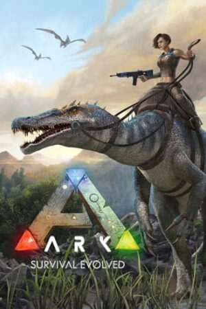Ark Survival Evolved Spiel Hintergrundbild. Eine Frau hält eine Waffe, während sie einen Dinosaurier in seinen Zügeln reitet.