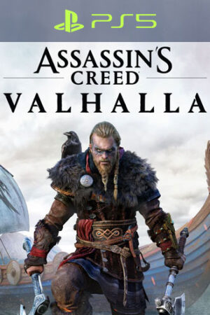 Assassin&#039;s Creed Valhalla. Eivor pozujący z okrętem wikingów za plecami, trzymający dwa topory bojowe i wronę na ramieniu.