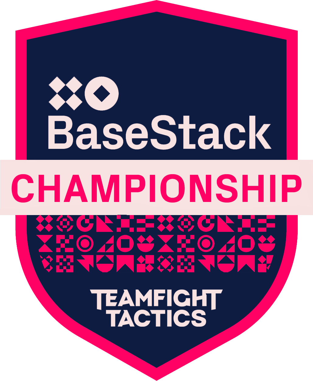 Mistrzostwa Basestack dla Teamfight Tactics. W kształcie tarczy i w neonowych różowo-niebieskich kolorach.