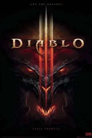 Tapeta z gry Diablo 3. Wielki demon z rogami spoglądający w dół.