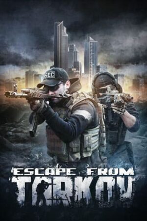 Escape from Tarkov Spiel Walpaper. Wolkenkratzer Gebäude im Hintergrund. Zwei Personen in voller Kampfmontur zielen auf ein Gewehr im Vordergrund.
