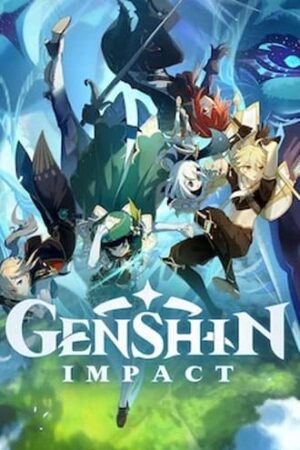 Tapeta z gry Genshin Impact z postaciami z anime unikającymi czegoś.