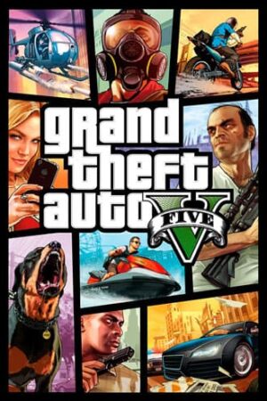 Grand Theft Auto V game wallpaper. Helicopter, gas mask, jet ski, rottweiler and sports car showcased on a square grid.