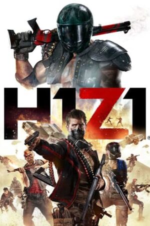 Gra zombie H1Z1. Mężczyzna trzymający karabin przez ramię, w zamkniętym czarnym hełmie. Ludzie na dole trzymający broń.
