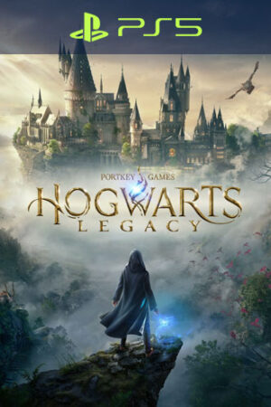 Gra Hogwarts Legacy. Czarodziej w bluzie z kapturem i niebieską różdżką spogląda na ogromny zamek, stojąc na klifie.