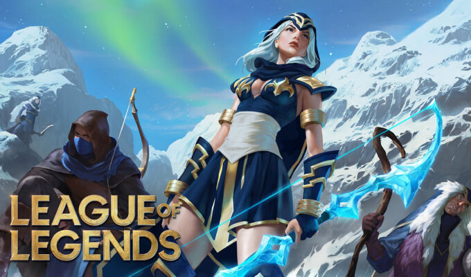 League of Legends Blue Archer pose with clouds and sky background.