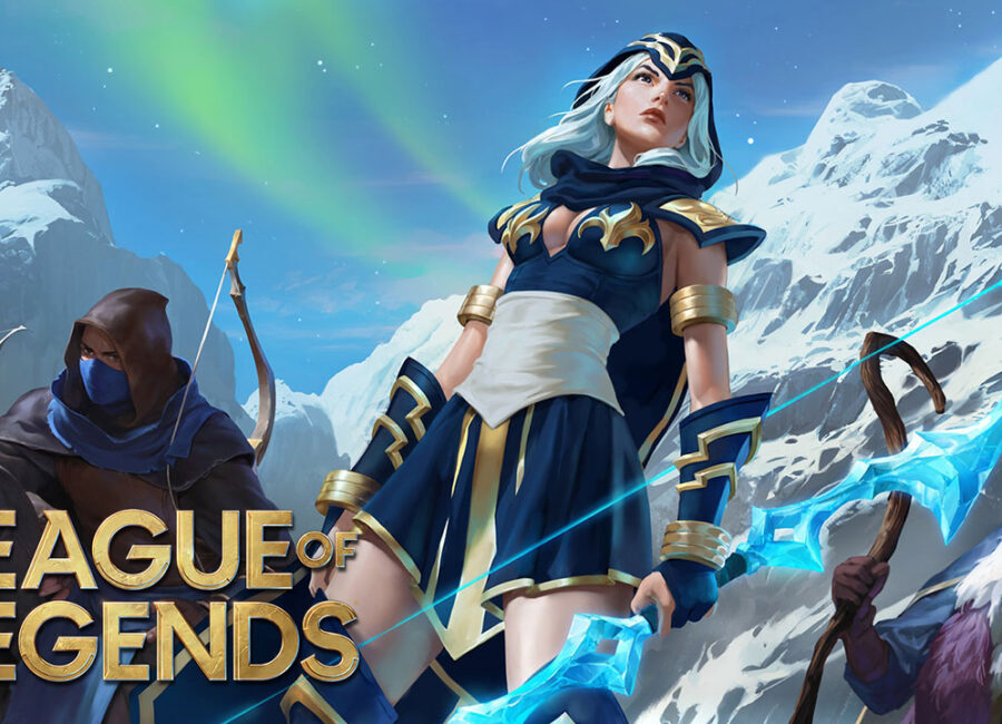League of Legends Blue Archer Pose mit Wolken und Himmel Hintergrund.