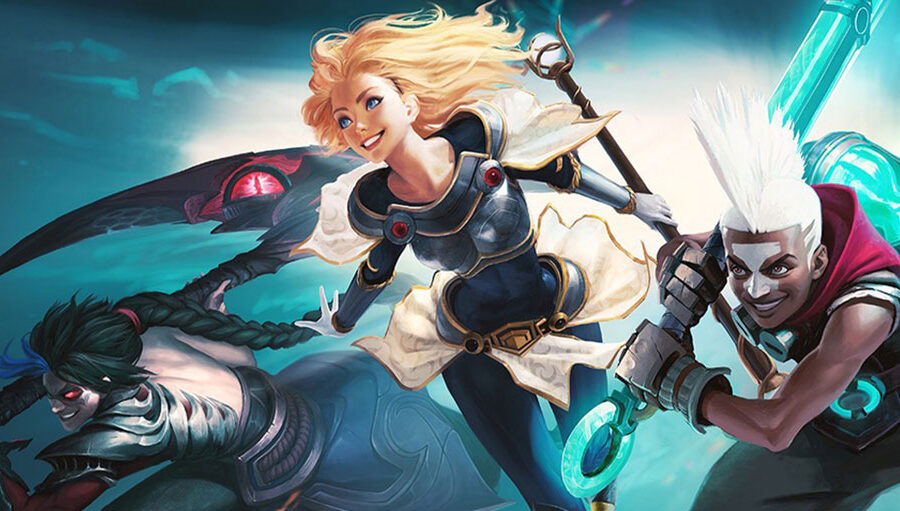 League of Legends blonde female character with two friends beside each other.