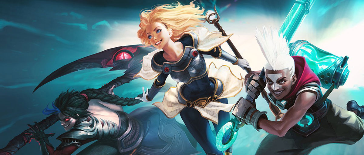 League of Legends blonde female character with two friends beside each other.