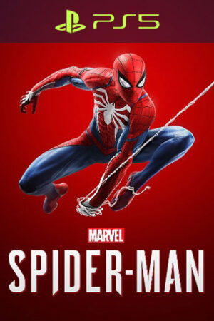 Marvel&#039;s Spiderman für PS5 mit dem netzschwingenden Helden auf rotem Hintergrund.