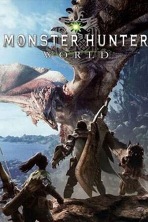 Monster Hunter-Welt mit 3 Charakteren, die gegen einen riesigen Drachen kämpfen.