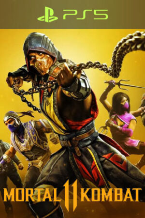 Mortal Kombat 11 for PS5 game with yellow theme and 3 characters. Skorpion in the center launching his kunai-rope dart from his hand.