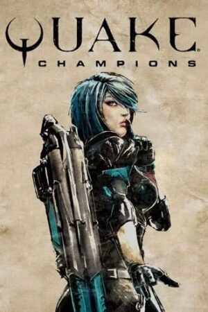 Quake Champions. Female character with blue hair wearing a jetpack.
