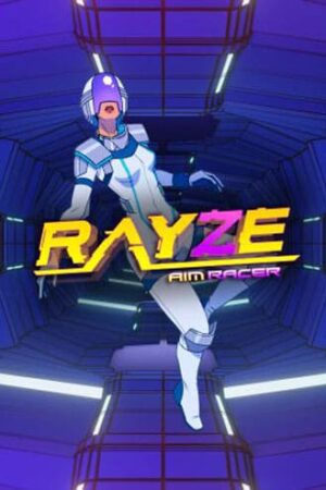 Rayze game. Female in white space suit floating in zero gravity.