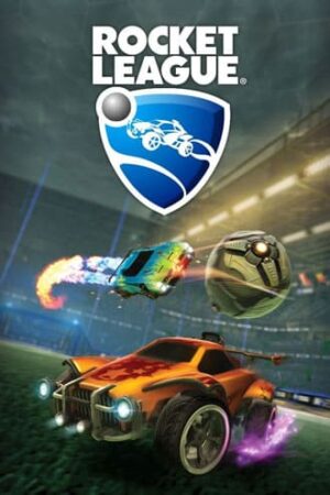 Rocket League wallpaper with shield logo. Two cars in red and green.
