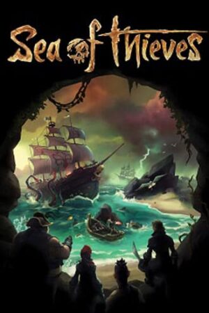 Tapeta Sea of Thieves. Piraci czekający na wielki okręt wojenny i jaskinia w kształcie czaszki.