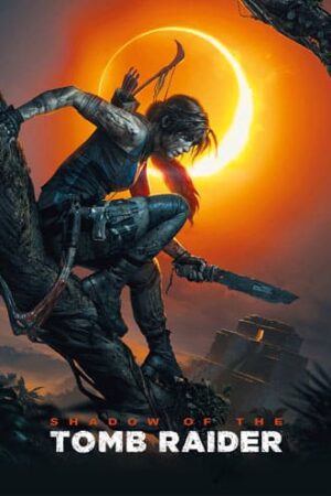 Shadow of the Tomb Raider mit einer weiblichen Figur, die während einer Sonnenfinsternis auf einem großen Ast sitzt und eine Machete hält.
