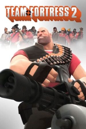 Team Fortress 2 Wallpaper mit Charakteren im Hintergrund und Heavy&#039;s Association Charakter in der Mitte, der eine Minigun trägt.