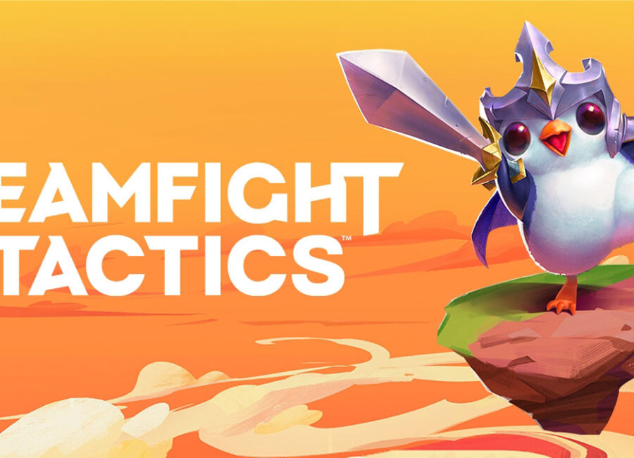 Teamfight tactics orange photo. 3d cartoon penguin wearing crown and sword on a floating piece of land.