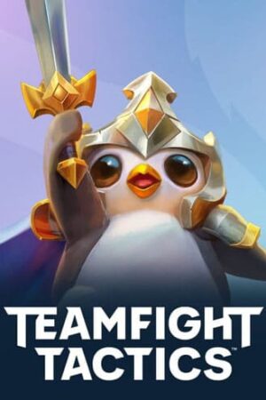 Teamfight tactics photo. 3d cartoon penguin wearing crown and raising sword.