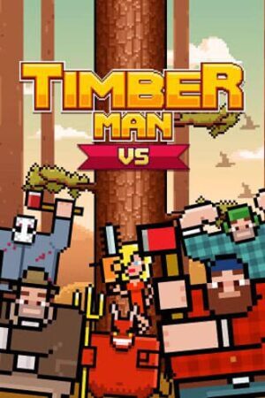 Tapeta Timber Man. Pikselowe postacie pozujące z dużą kłodą w centrum.