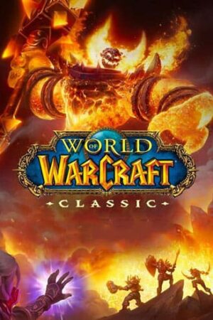 World of Warcraft Classic Wallpaper mit riesigen brennenden Feuer Golem im Hintergrund.