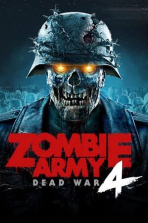 Zombie Army Dead War 4. WW2 deutscher Zombie-Schädel. Glühende gelbe Augen und Stacheldraht um seinen Helm.